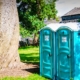 Side view of two porta potties sitting next to a large tree